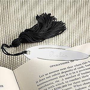 Engraved Silver Oval Bookmark with Black Tassels