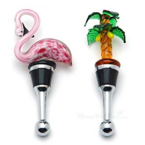 Tropical Pink Flamingo and Palm Tree Glass Wine Stoppers