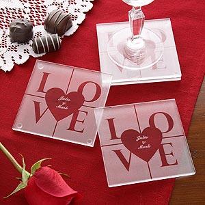 Etched Glass Coaster Set - Heart and Love Design